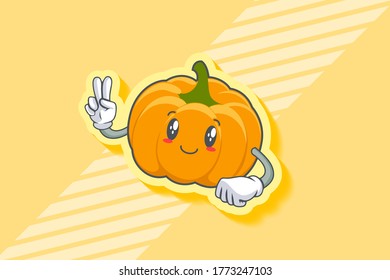 SLIGHTLY SMILE FACE, SLIGHTLY, SMILING Face Emotion. Peace Hand Gesture. Yellow, Orange Pumpkin Fruit Cartoon Drawing Mascot Illustration.
