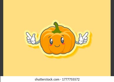 CARA LIGERAMENTE SONRIENTE, LIGERAMENTE, SONRIENTE Emoción facial. Gesto De Mano De Doble Dedo. Ilustración de la mascota de dibujos animados de la piel de calabaza amarilla y naranja.