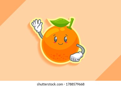 SLIGHTLY SMILE FACE, SLIGHTLY, SMILING, SMILE Face Emotion. Waving Hand Gesture. Orange, Citrus Fruit Cartoon Drawing Mascot Illustration.