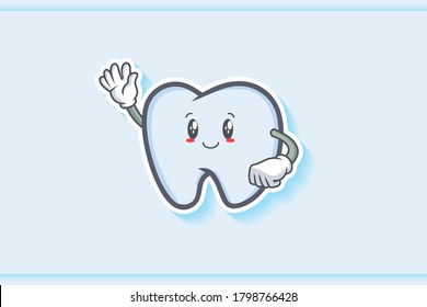 SLIGHTLY SMILE FACE, SLIGHTLY, SMILING, SMILE Face Emotion. Waving Hand Gesture. Tooth Cartoon Drawing Mascot Illustration.