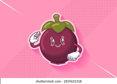 SLIGHTLY SMILE FACE, SLIGHTLY, SMILING Face Emotion. Salute, Respect Hand Gesture. Mangosteen Fruit Cartoon Drawing Mascot Illustration.