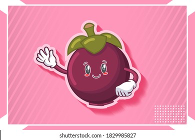 SLIGHTLY SMILE FACE, SLIGHTLY, SMILING, SMILE Face Emotion. Waving Hand Gesture. Mangosteen Fruit Cartoon Drawing Mascot Illustration.