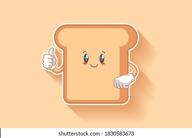 SLIGHTLY SMILE FACE, SLIGHTLY, SMILING, SMILE Face Emotion. Thumb up hand Gesture. Bread Food Cartoon Drawing Mascot Illustration.