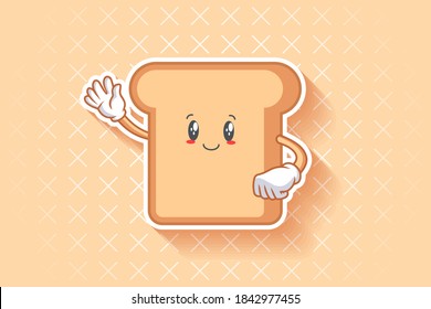 LEICHT KLEINES OBERFLÄCHE, LEICHT, KLEINE, KLEINE Gesichtsbewegung. Waving Hand Gesture. Brot Food Cartoon Zeichnen Maskottabbild.