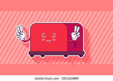 SLIGHTLY SMILE FACE, SLIGHTLY, SMILING, SMILE Face Emotion. Double Peace Finger Hand Gesture. Toaster Cartoon Drawing Mascot Illustration.
