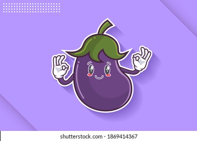 CARA LIGERAMENTE SONRIENTE, LIGERAMENTE, SONRIENTE, SONRIENTE Emoción facial. Gesto De Mano Doble Agradable. Ilustración de la mascota de dibujo de verduras de berenjena.