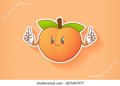 SLIGHTLY SMILE FACE, SLIGHTLY, SMILING, SMILE Face Emotion. Double Forefinger Hand Gesture. Peach Fruit Cartoon Drawing Mascot Illustration.