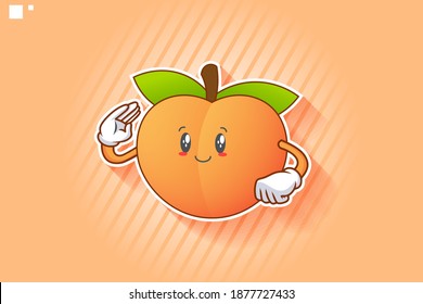 SLIGHTLY SMILE FACE, SLIGHTLY, SMILING, SMILE Face Emotion. Salute, Respect Hand Gesture. Peach Fruit Cartoon Drawing Mascot Illustration.