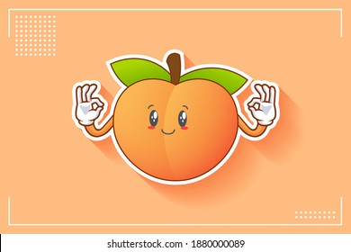 SLIGHTLY SMILE FACE, SLIGHTLY, SMILING, SMILE Face Emotion. Double Nice Hand Gesture. Peach Fruit Cartoon Drawing Mascot Illustration.