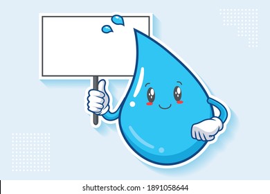 SLIGHTLY SMILE FACE, SLIGHTLY, SMILING, SMILE Face Emotion. Holding Whiteboard Gesture. Water Drop Cartoon Drawing Mascot Illustration.