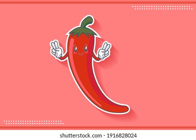 SLIGHTLY SMILE FACE, SLIGHTLY, SMILING, SMILE Face Emotion. Double Peace Finger Hand Gesture. Chili Vegetable Cartoon Drawing Mascot Illustration.
