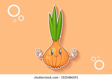 SLIGHTLY SMILE FACE, SLIGHTLY, SMILING, SMILE Face Emotion. Double Peace Finger Hand Gesture. Onion, Garlic Vegetable Character Cartoon Drawing Mascot Illustration.