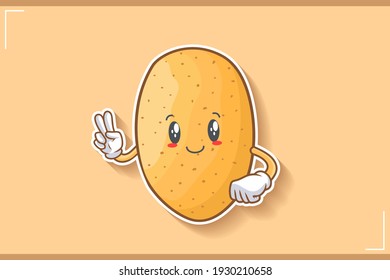 CARA LIGERAMENTE SONRIENTE, LIGERAMENTE, SONRIENTE, SONRIENTE Emoción facial. Gesto del Dedo de la Paz. Caricatura de personaje vegetal de la papa que dibuja ilustraciones de mascota.