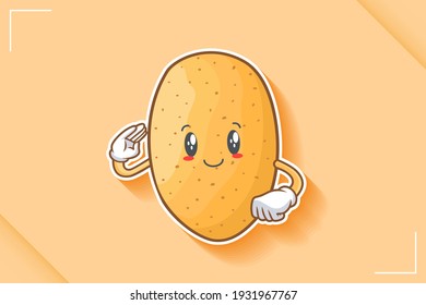 SLIGHTLY SMILE FACE, SLIGHTLY, SMILING, SMILE Face Emotion. Salute, Respect Hand Gesture. Potato Vegetable Character Cartoon Drawing Mascot Illustration.