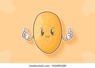SLIGHTLY SMILE FACE, SLIGHTLY, SMILING, SMILE Face Emotion. Double ForeFinger Hand Gesture. Potato Vegetable Character Cartoon Drawing Mascot Illustration.