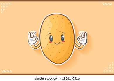 SLIGHTLY SMILE FACE, SLIGHTLY, SMILING, SMILE Face Emotion. Double Nice Hand Gesture. Potato Vegetable Character Cartoon Drawing Mascot Illustration.