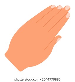 Slightly tilted open hand with visible palm and fingers extended upwards, making a stopping or slowing down gesture, isolated on white background