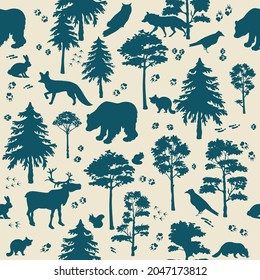 
Slilouets of animals and trees in the forest seamless pattern.
Animals seamless pattern in the forest. Vector illustration.