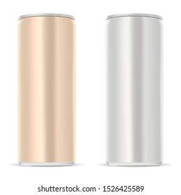 Slim aluminum can. Juice drink tin mockup isolated. Energy beverage jar template. Metal container design for water, cold beer or soda. Stainless steel realistic product package. Lemonade