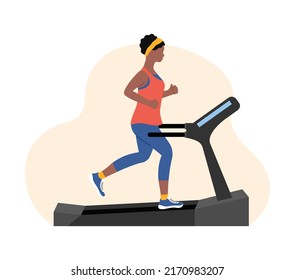 Slim athletic girl running on treadmill. African american woman jogging on fitness equipment. Endurance cardio run training. Flat vector illustration. 