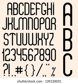 Slim black font, numbers and punctuation marks. Vector set