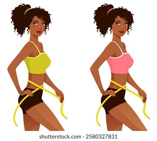 Slim black woman measuring her waist. Beautiful African American girl in underwear. Dieting, slimming or healthy lifestyle concept. Isolated on white.