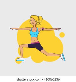 Slim blond woman doing sports exercises. Vector illustration Linear flat design