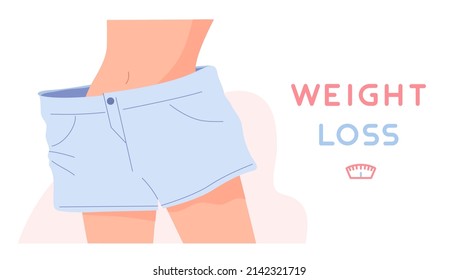 Slim body of female wearing old oversize short pants with "Weight loss" text. Concept of diet, body shape, exercise, healthy lifestyle, health and beauty. Weight loss banner. flat vector illustration.