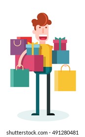 Slim Boy Shopping. Isolated Flat Vector Illustration.