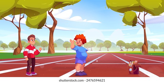 Slim boy supporting overweight friend at stadium. Vector cartoon illustration of happy children waving hands, chubby kid ready for outdoor workout, bag full of unhealthy sweets on ground, healthcare