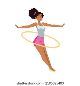 Slim brunette woman spinning a hoop, flat cartoon vector illustration isolated on white background. Hula hoop fitness exercises for slimming and waistline.
