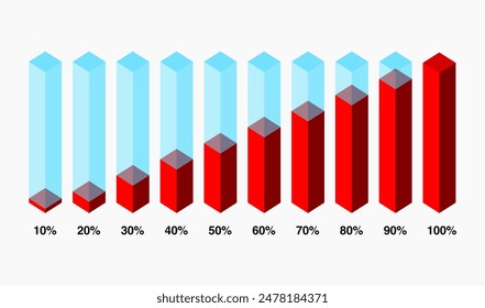  slim chart bars template, 10% to 100% number text. Flat design interface illustration inforchart infographic elements for teachers demonstration app ui ux web banner button vector isolated