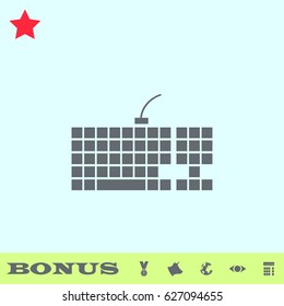 Slim computer keyboard icon flat. Grey pictogram on blue background. Vector illustration symbol and bonus buttons medal, cow, earth, eye, calculator