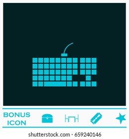 Slim computer keyboard icon flat. Blue pictogram on dark background. Vector illustration symbol and bonus icons