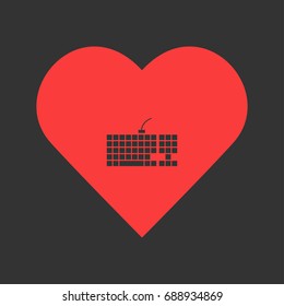Slim computer keyboard icon flat. Simple pictogram on heart background. Vector illustration symbol