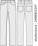 Slim denim 5 pocket pant vector design jeans CAD template front and back views