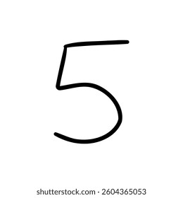 Slim digit number five 5. Black font symbol in hand drawn doodle style. Vector illustration isolated on white background. For menu, presentation, branding, font, education, math.