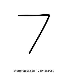 Slim digit number seven 7. Black font symbol in hand drawn doodle style. Vector illustration isolated on white background. For menu, presentation, branding, font, education, math.