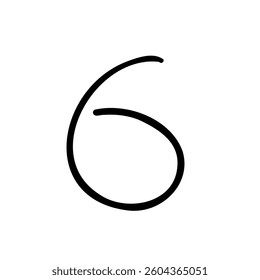 Slim digit number six 6. Black font symbol in hand drawn doodle style. Vector illustration isolated on white background. For menu, presentation, branding, font, education, math.