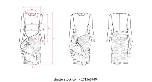 Slim dress with deconstructed skirt design, with zipper at back, flat sketch, front and back views, with measurement guide