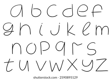 Slim english latin abc alphabet lower case font handwritten A to Z collection. Vector in black doodle style isolated on white background. For kids book, typography, logo, card, menu.