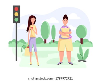 Slim and fat womans with paper bag food from supermarket. Vector flat color icon
