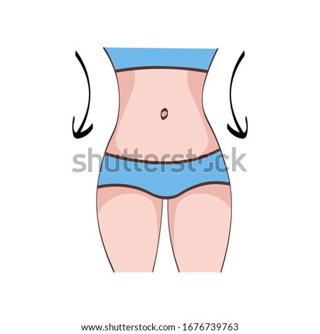 Slim female body shape vector illustration isolated on white background. Slim belly with arrows as concept for slim down procedures, exercises, healthy foods. Lose weight & get toned idea design.