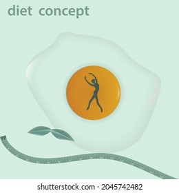 Slim female figure, scrambled eggs, measuring tape - vector. Diet concept. Intermittent fasting