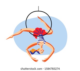 Slim female gymnast making trick upside down on hanging aerial hoop to invisible imaginary circus dome. Acrobatic elements. Dance and fitness. Show and performance. Vector cartoon flat illustration