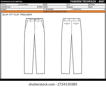 PANTALÓN PLANO SLIM FIT DISEÑO DE PLANTILLA DE DISEÑO TECHPACK VACÍO FÁCIL DE EDITAR