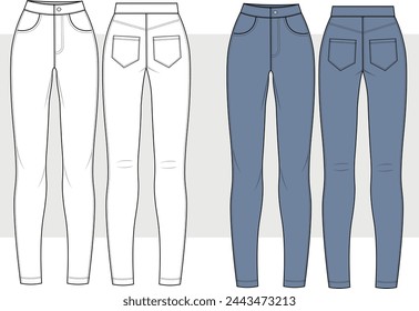 Slim fit - high waisted denim technical drawing vector, women skinny jean. Fashion sketch of pants front and back view. fashion illustration.