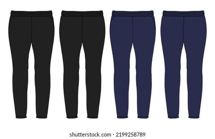 Slim Fit Leggings Pants Fashion Flat Sketch Vector Illustration Black And Navy Color Template Front, Back View Isolated On White Background. Girls Long Legging Mockup For Women's Unisex CAD.