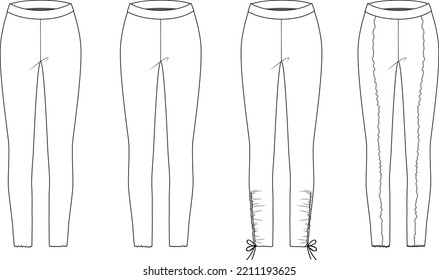 Slim Fit Leggings Pants Fashion Flat Sketch Vector Illustration Template Front, Back And Side View Isolated On White Background. Girls Long Legging Mockup For Women's Unisex CAD.