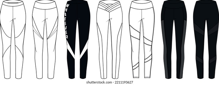 Slim Fit Leggings Pants Fashion Flat Sketch Vector Illustration Template Front, Back And Side View Isolated On White Background. Girls Long Legging Mockup For Women's Unisex CAD.